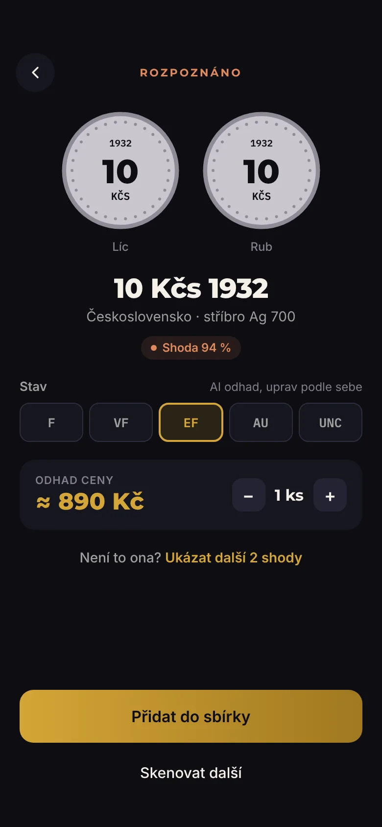 Výsledek rozpoznání: 10 Kčs 1932, shoda 94 %, odhad ceny